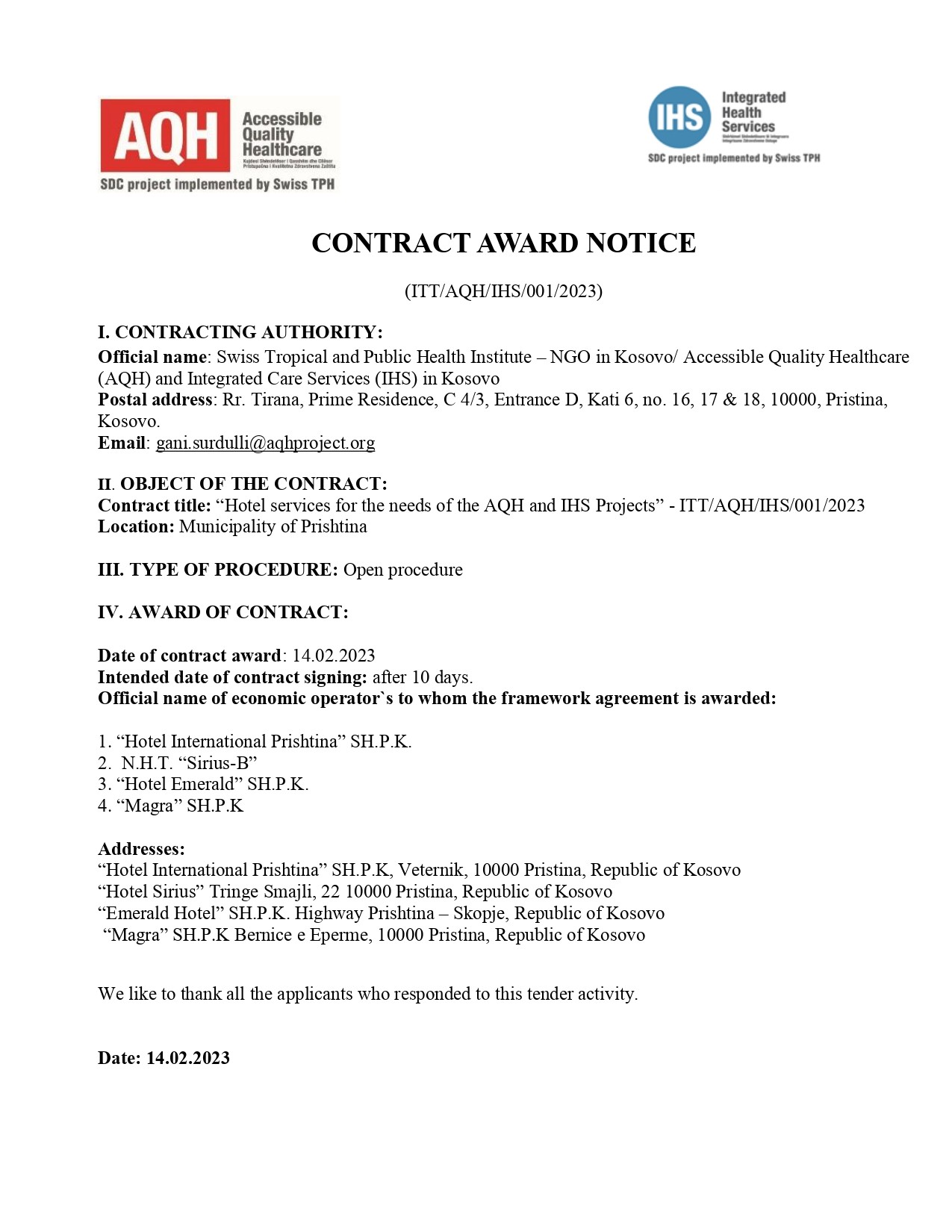 CONTRACT AWARD NOTICE